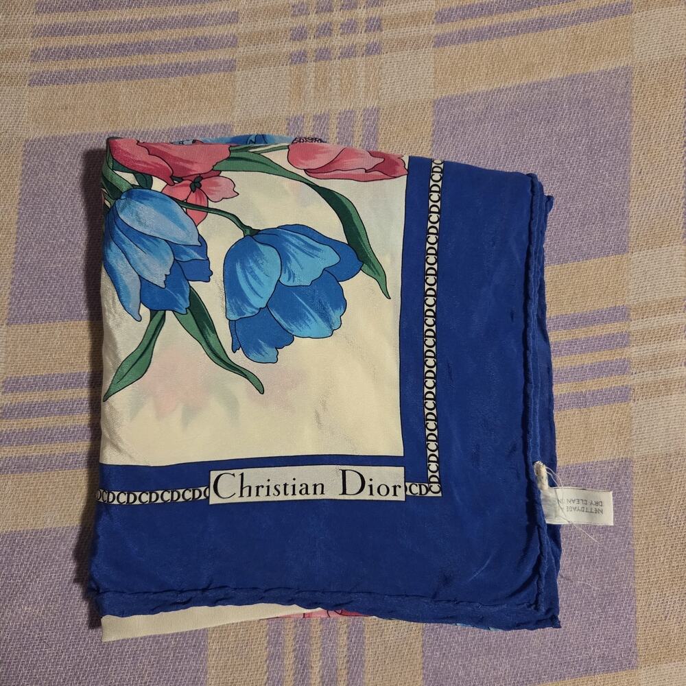 Christian Dior Vintage Floral Silk Square Scarf Italy Made Vtg Flowers Blue Pink